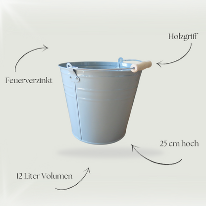 Zinkeimer 12 Liter in Grau - für Haus und Garten - Zinkeimer mit Holzgriffen